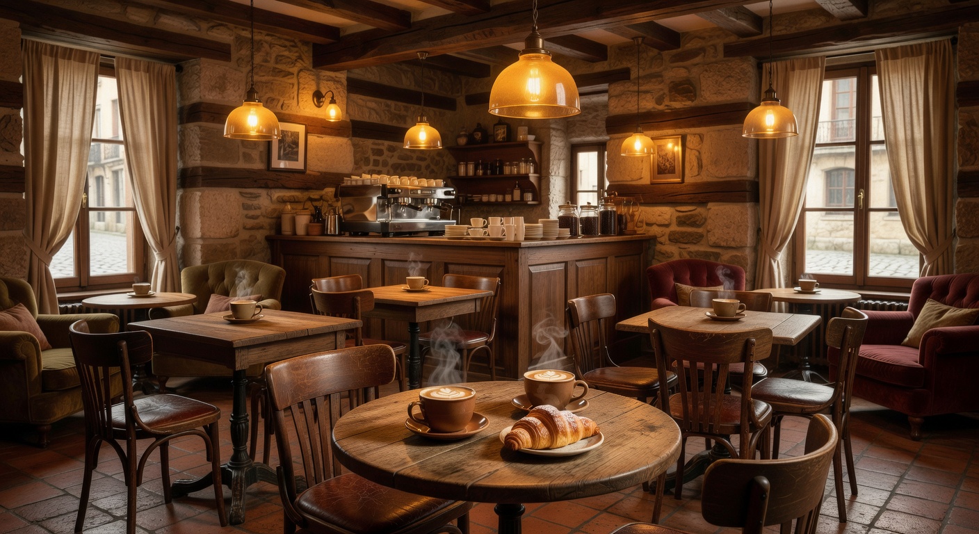 Cozy European cafe interior with warm lighting and coffee