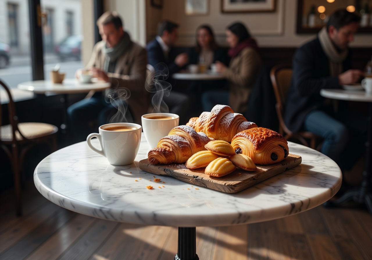 European coffee culture with espresso and pastries on marble table