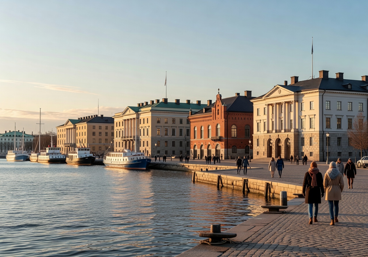 Helsinki harbor with Nordic architecture and waterfront