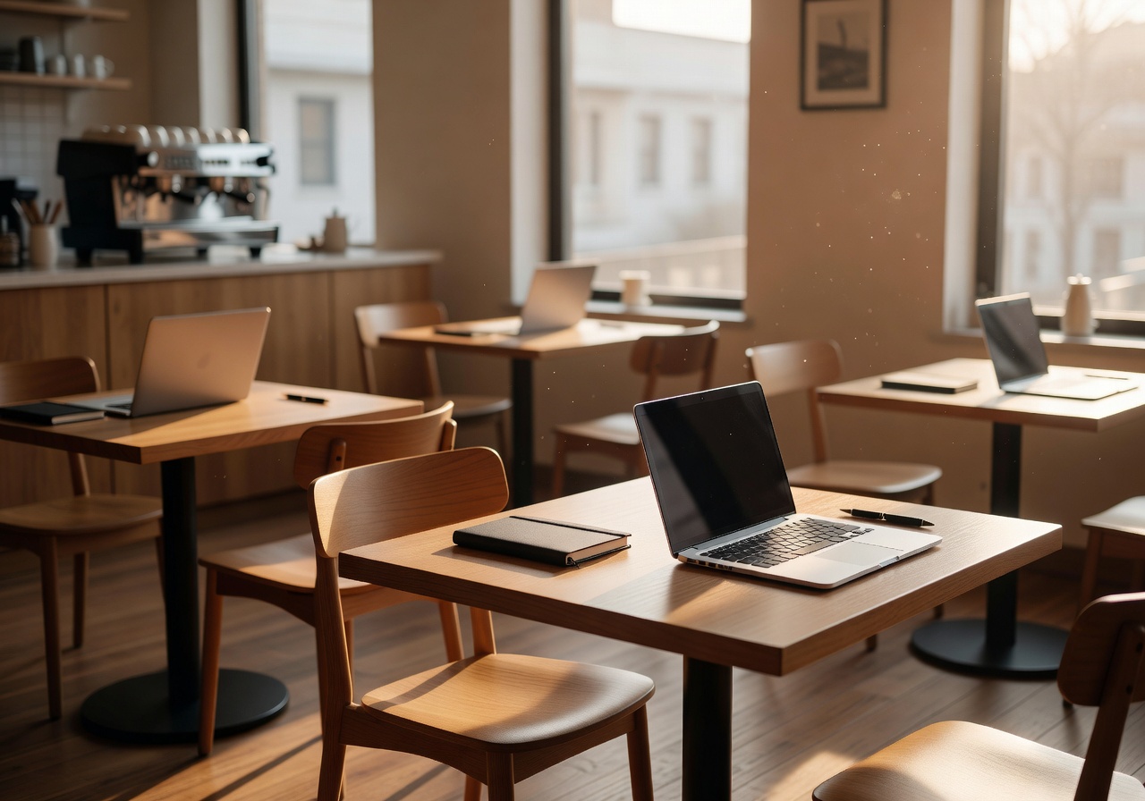 Morning light in a quiet cafe with empty tables ready for work