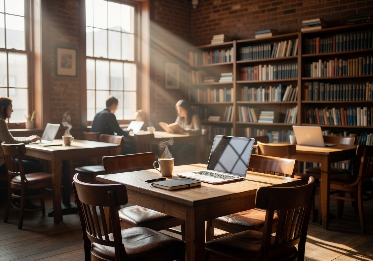 Morning light streaming into a quiet cafe ideal for focused work