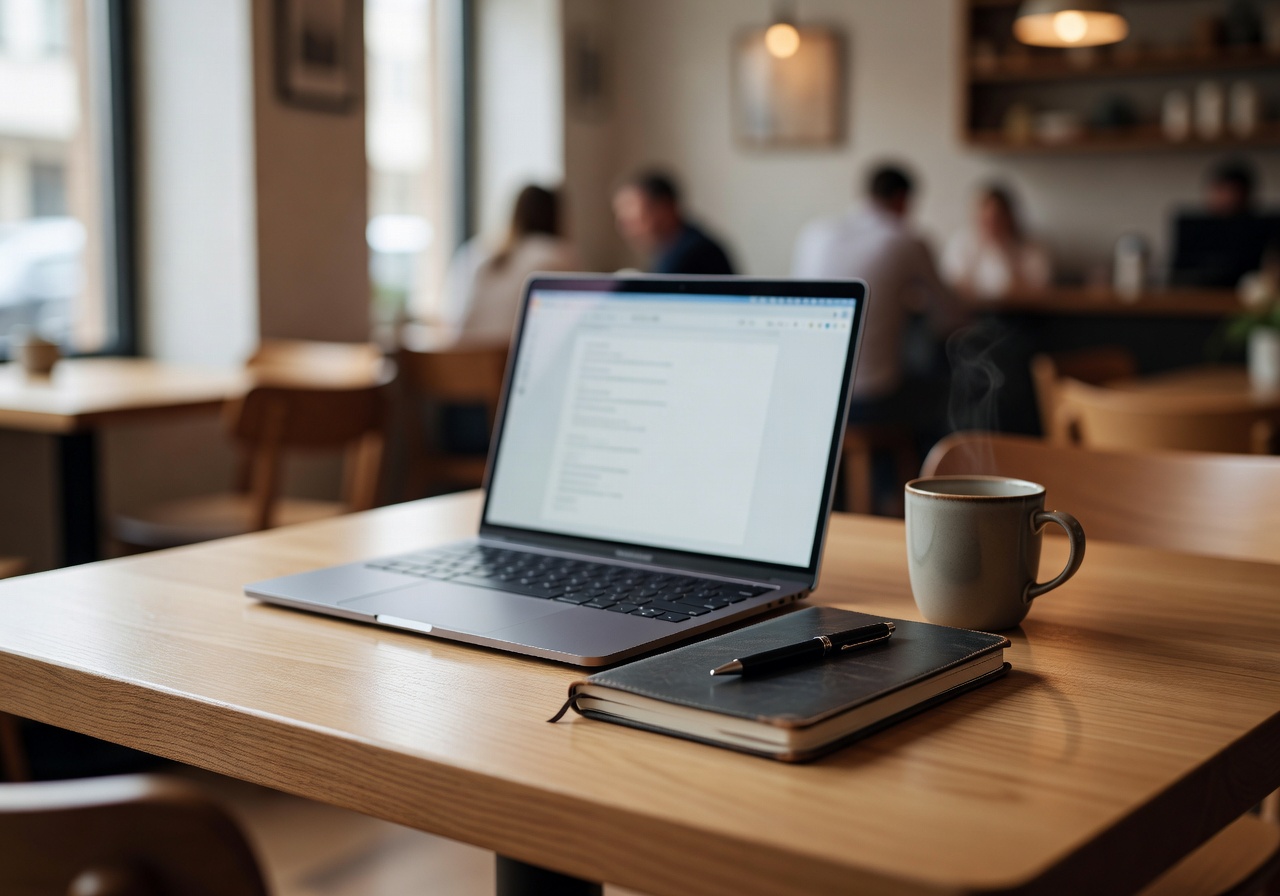 Organized workspace setup in a cafe with notebook and laptop