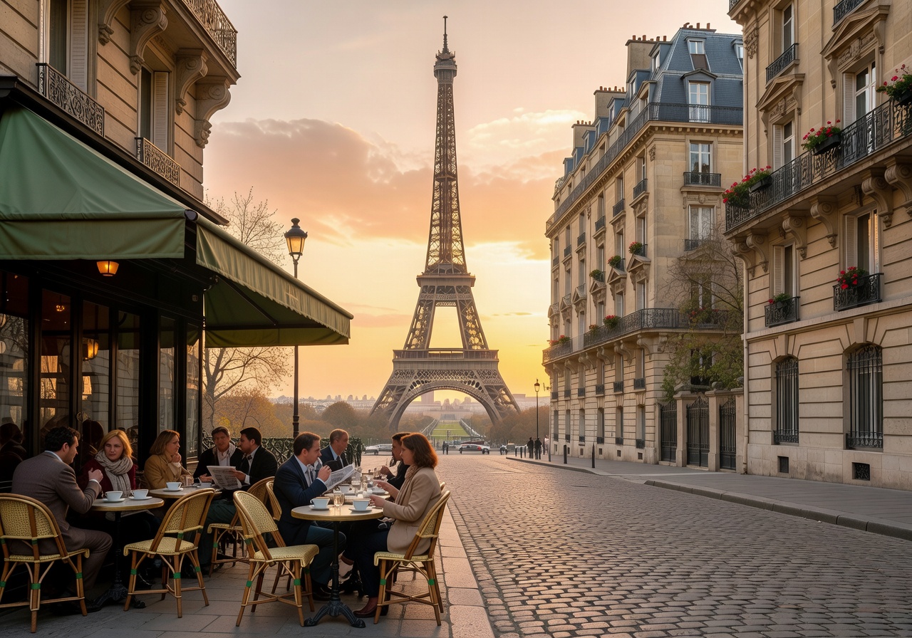 Paris cityscape with Eiffel Tower and cafe culture