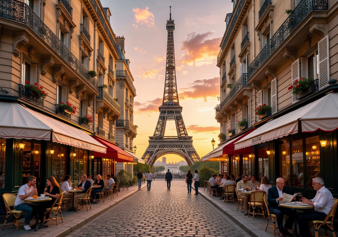Paris skyline with Eiffel Tower and cafe-lined streets