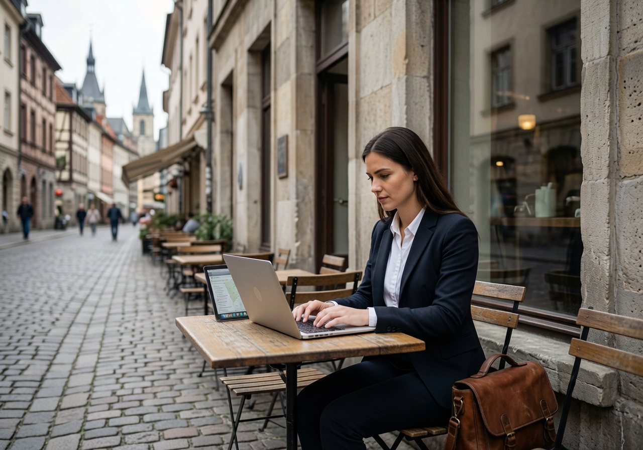Person with laptop finding a work-friendly cafe in Europe