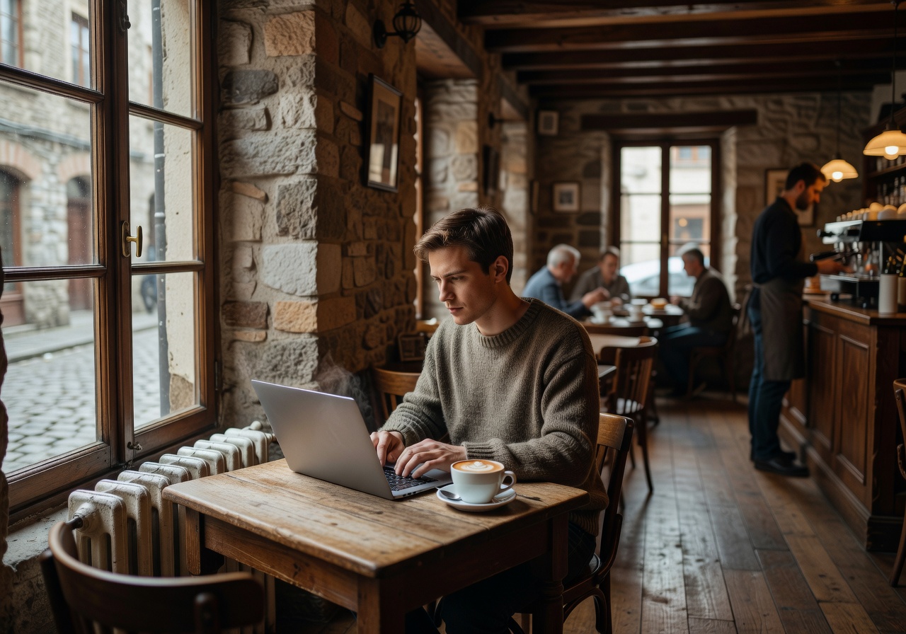 Person working on laptop in a cozy European cafe