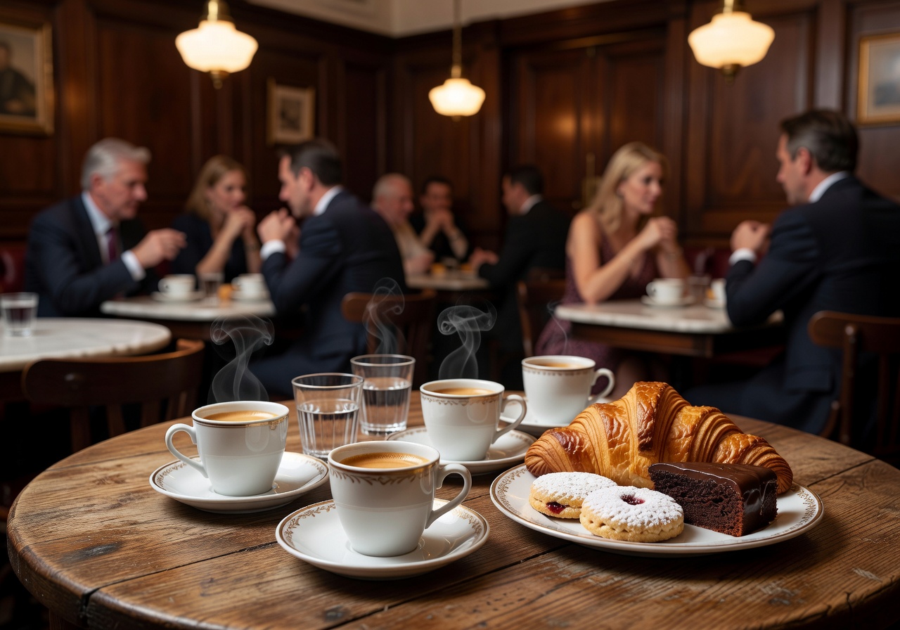 Traditional European coffee culture with espresso cups and pastries